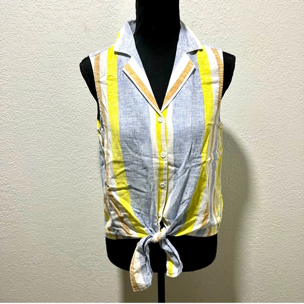 beachlunchlounge Yellow Blue Striped Linen Sleeveless Tie-Front Button Up Shirt